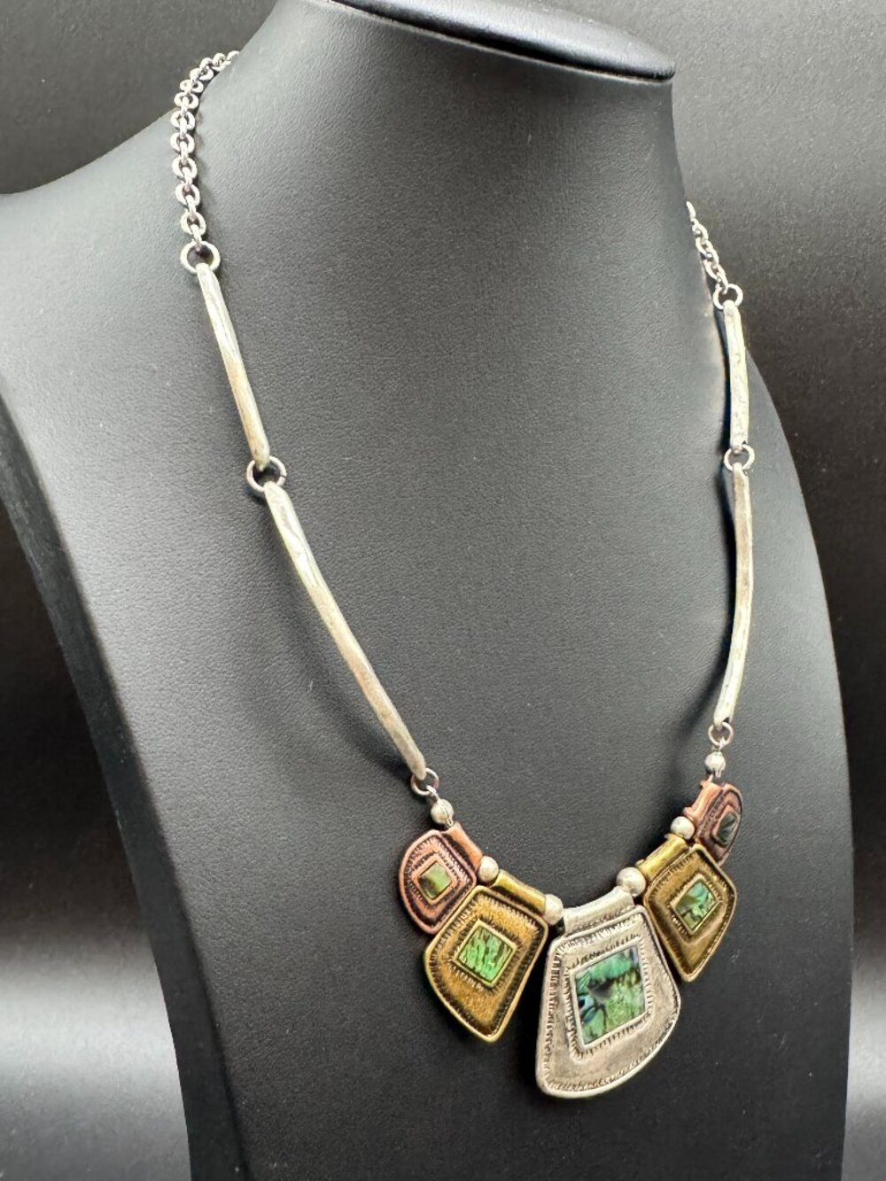 Tribal Necklace Silver Gold and Copper Tone Abalone Shell Accents - Picture 3 of 7